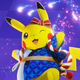 Pikachu winks and jumps in the air while fireworks explode in the background.